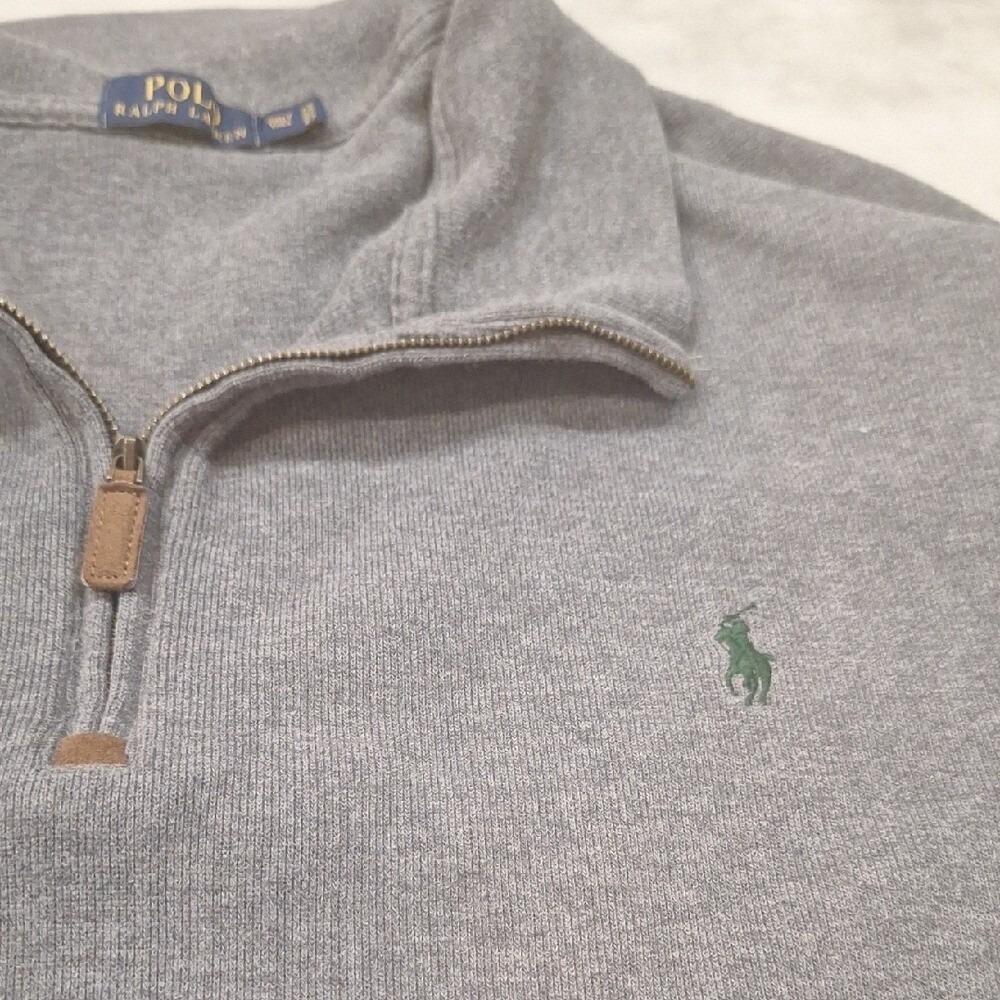 Polo Ralph Lauren Gray Quarter Zip Sweater 3XLT Dark Green Pony Leather Ribbed
